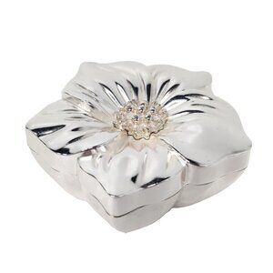VTG Mirrored Silver Tone Metal Flower Jewelry Box Lidded For You Ease Only Inc
